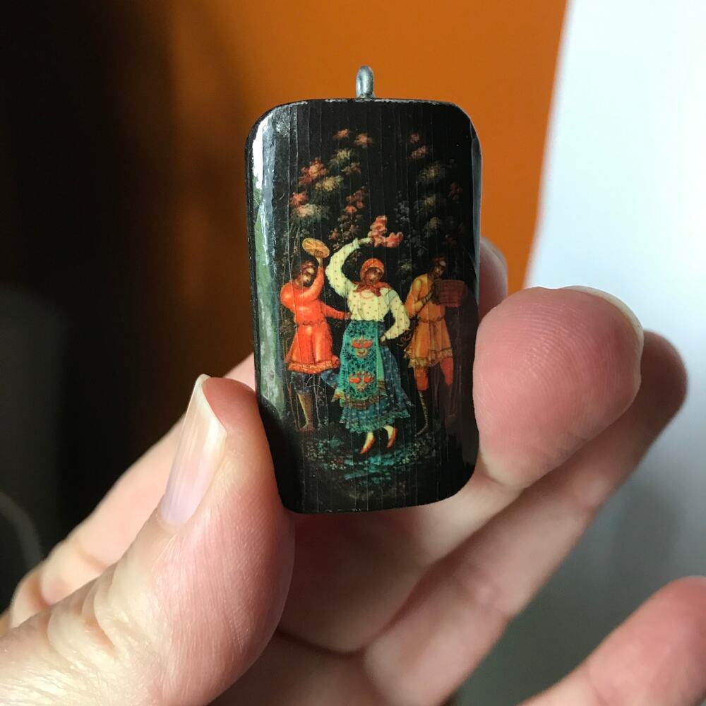 Vintage Russian lacquer art pendant - folklore folk dance country scene
